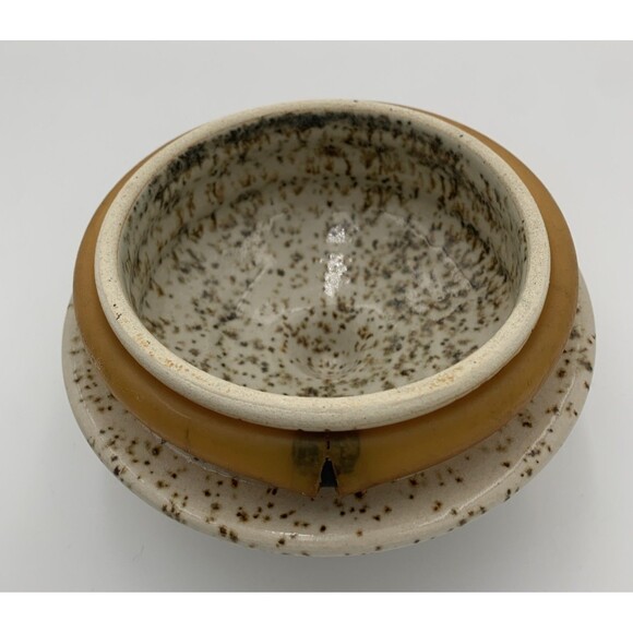 Vintage Art Pottery Sugar Jar with Lid white and blue strapes with brown dots - Picture 10 of 10